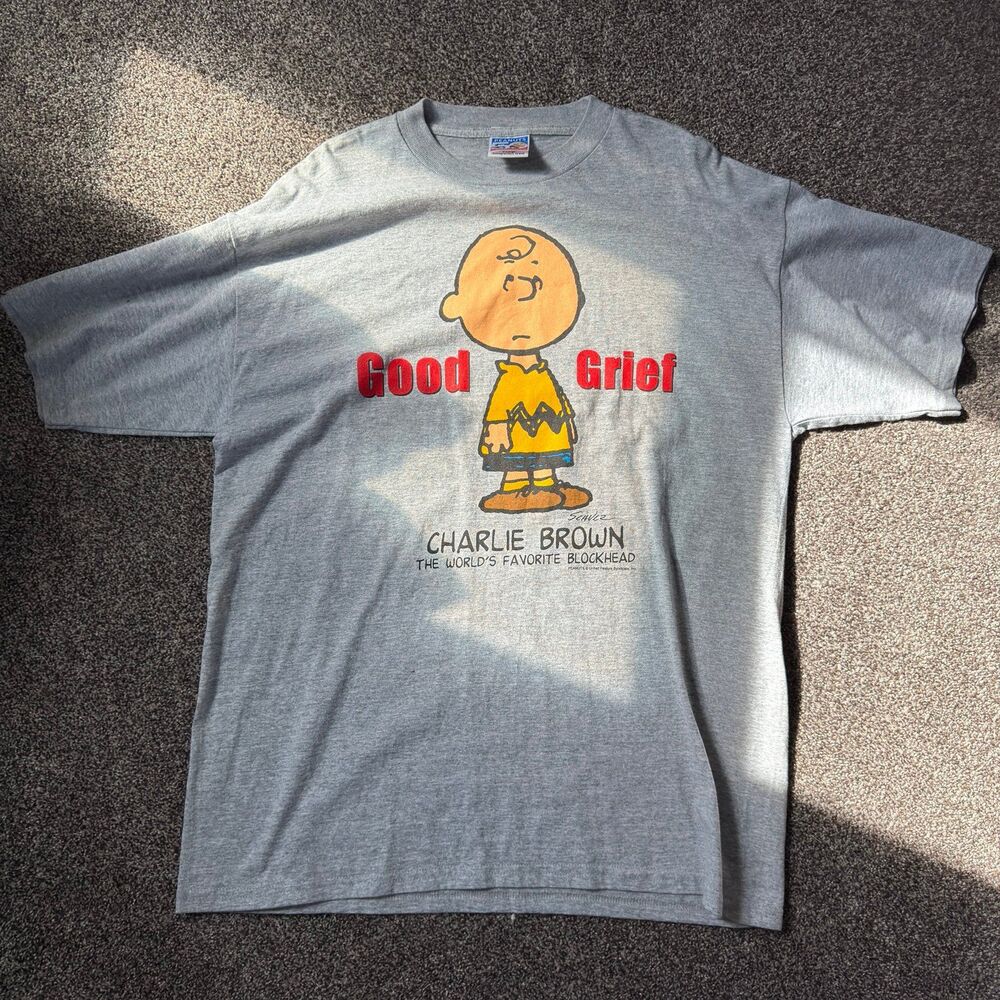 Vintage 90s Peanuts Charlie Brown Good Grief T Shirt XL Tultex Grey Blockhead